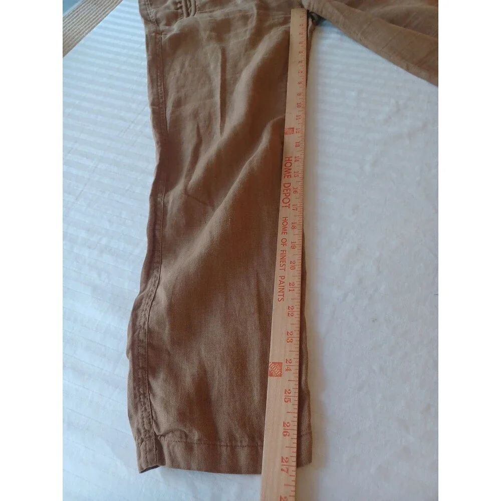 Zara brown linen tapered leg pants womens M paperbag waist button fly beach boho
